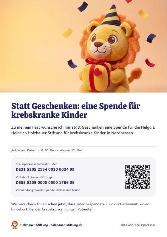 Vorschau der Spendenkarte mit Leo, Spendenkonten und QR-Code